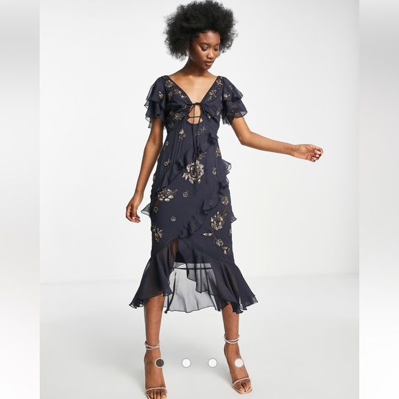 ASOS DESIGN ruffle detail short sleeve embellished midi dress in navy floral 6P - Picture 13 of 14